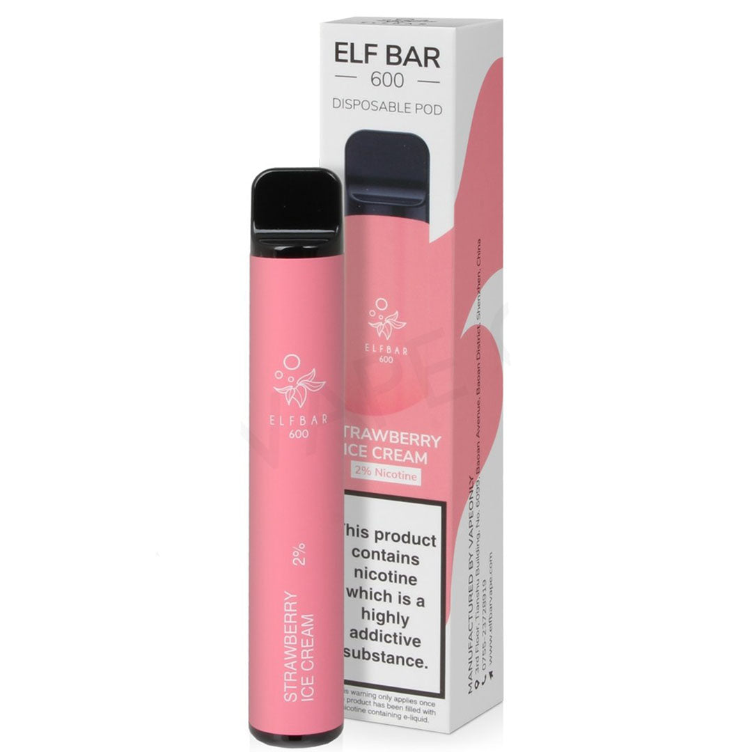 Elf Bar 600 V1 Disposable Pod Device 2%  Elf Bar Strawberry Snoow (Strawberry Ice Cream) 20mg 